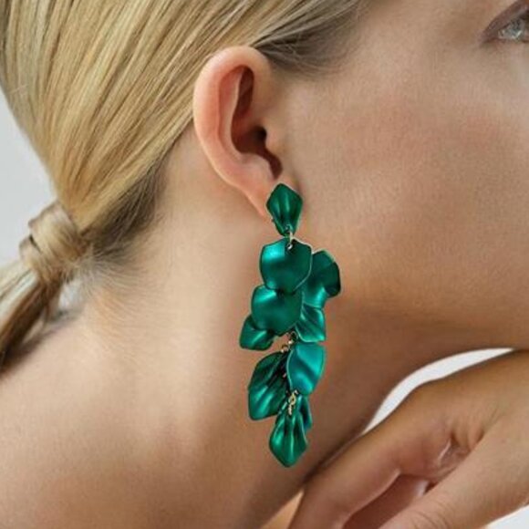 Long Green Acrylic Rose Petal Earrings – Exaggerated Floral Dangle Drop Earrings - Picture 3 of 6